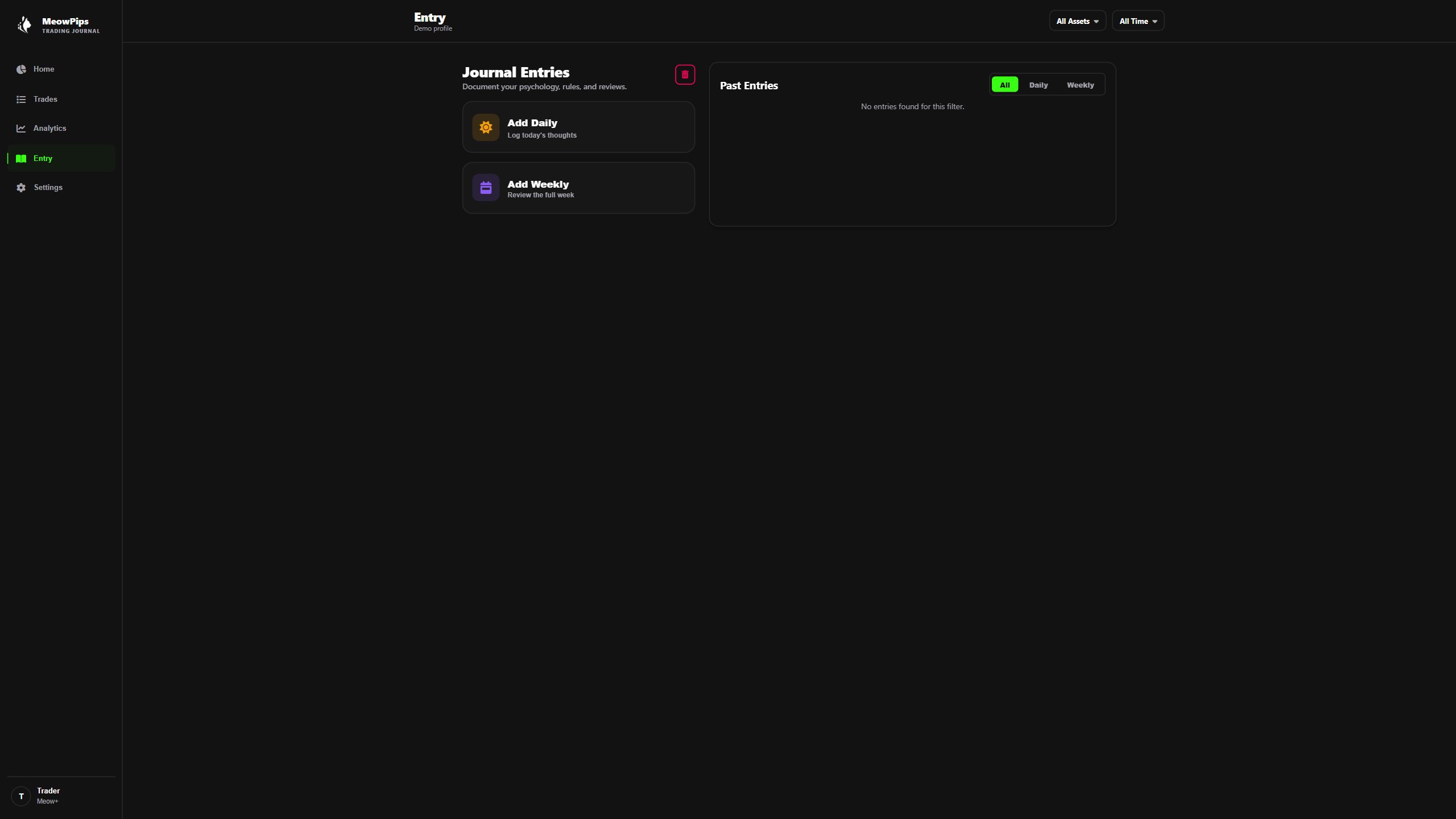 MeowPips daily and weekly journals in the desktop web interface with illustrative sample data