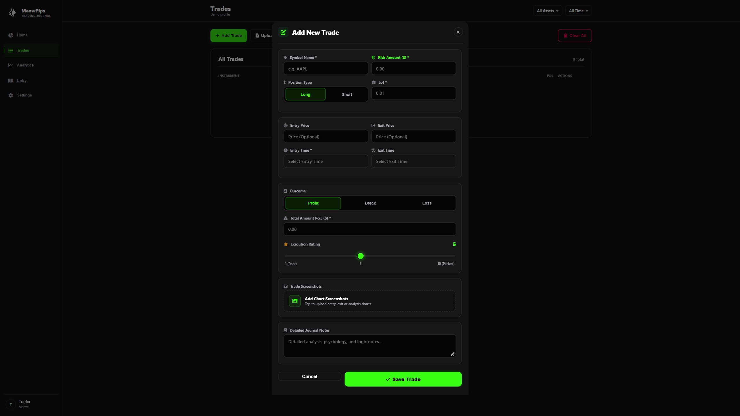 MeowPips trade journaling in the desktop web interface with illustrative sample data