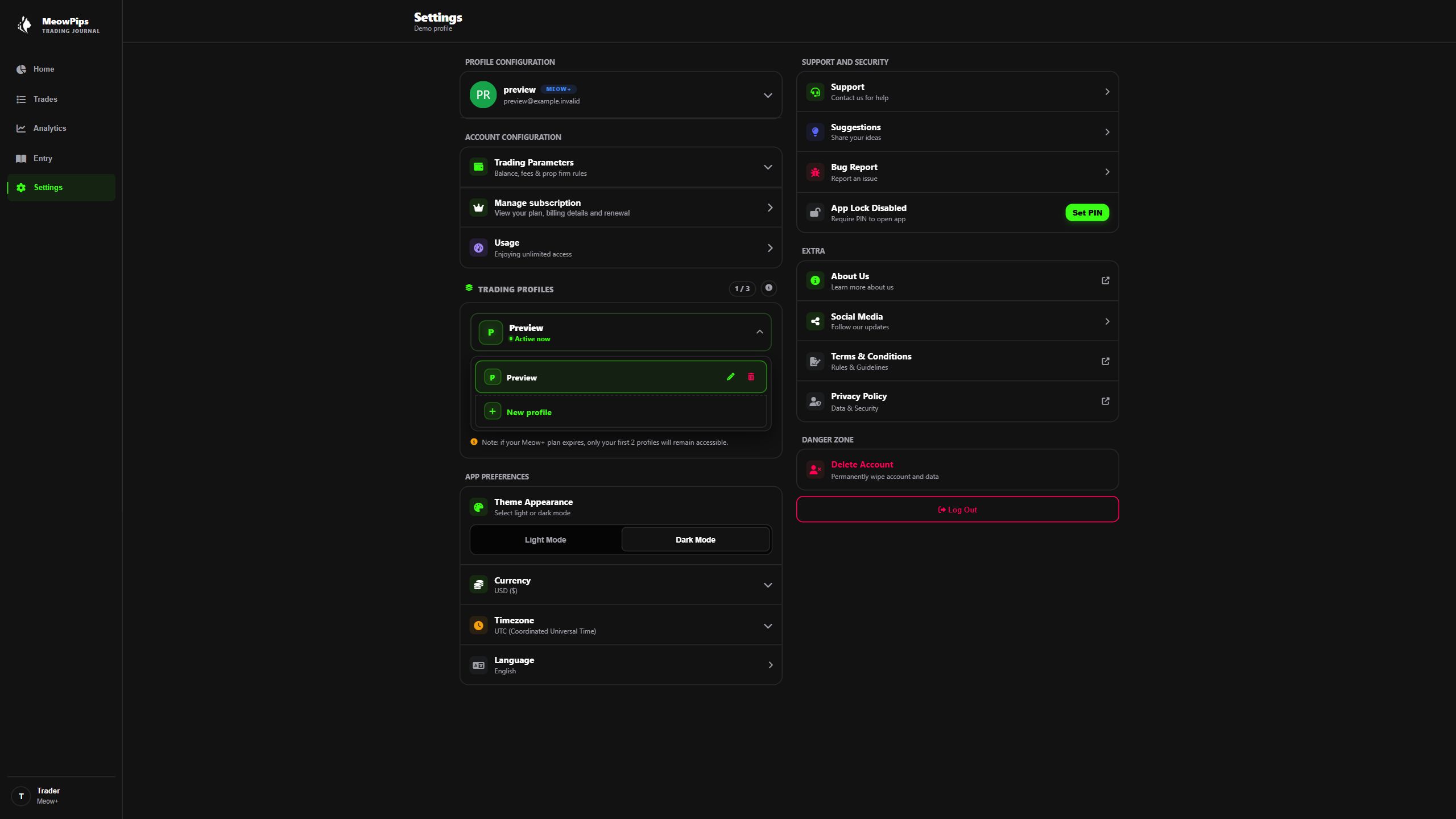 MeowPips trading profiles in the desktop web interface with illustrative sample data