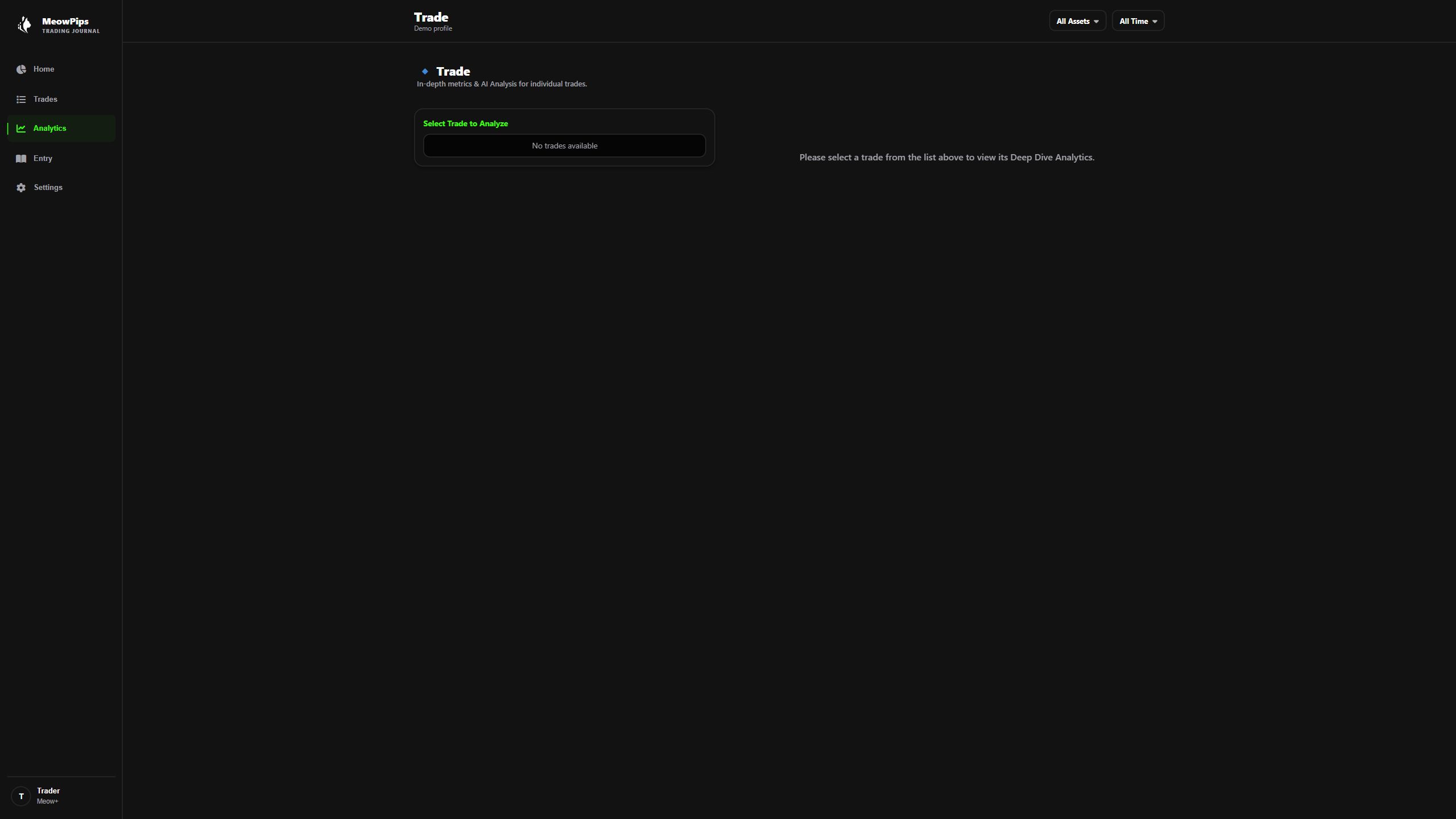 MeowPips trade review in the desktop web interface with illustrative sample data