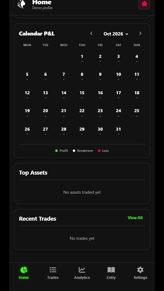 MeowPips calendar p&l in the mobile web interface with illustrative sample data