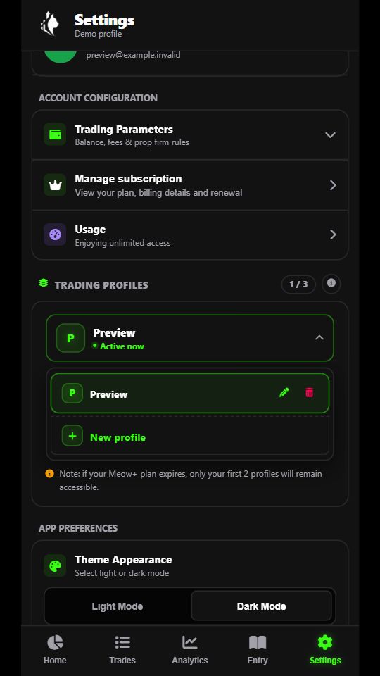 MeowPips trading profiles in the mobile web interface with illustrative sample data